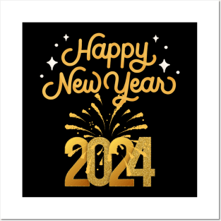 Happy New Year 2024 Gold Letters, Fireworks Design Posters and Art